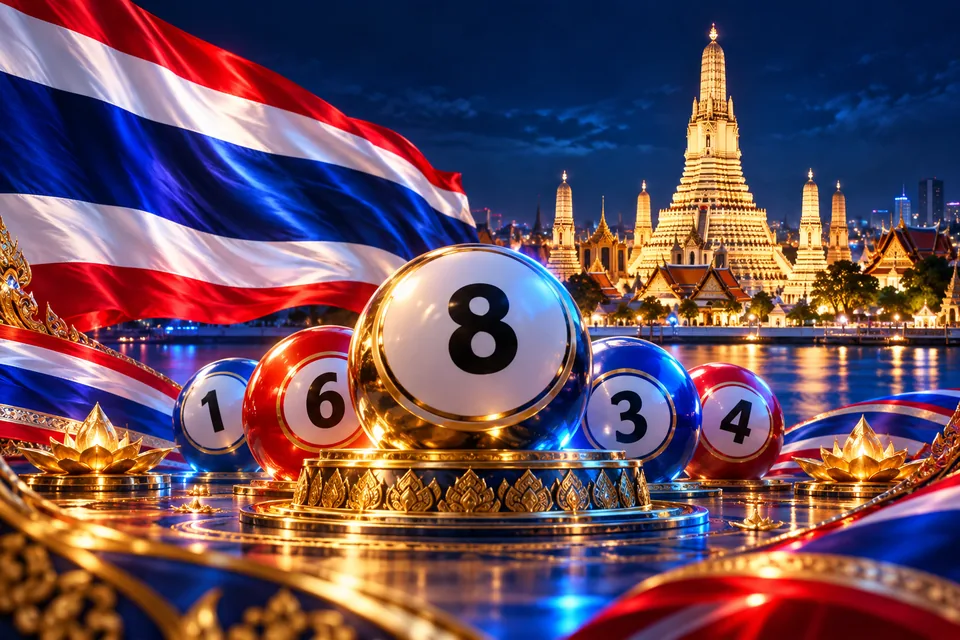 ธงไทย วัด และลูกบอลหมายเลขสำหรับหัวข้อหวยรัฐบาล